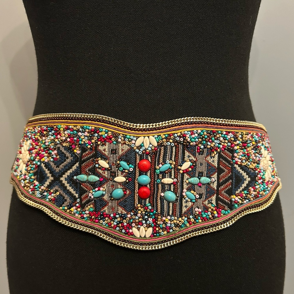 Colourful Bead and Chain Embellished Leather and Elastic Belt